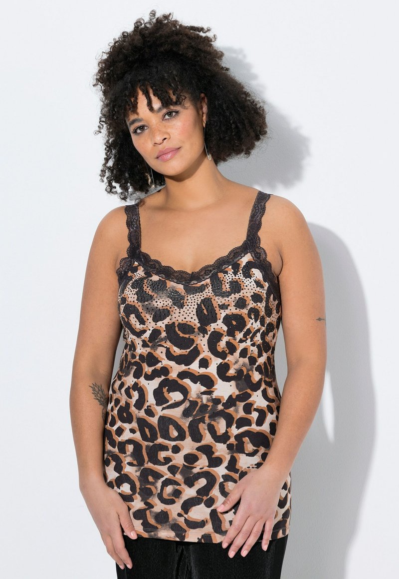 Camisole con stampa leopardata con scollatura e spalline rifinite in pizzo. Tessuto morbido con tonalità beige, marrone e nere. Texture liscia.