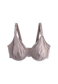 Heller mauve-BH mit Spitzenbesatz an den Seiten, glattes satinähnliches Gewebe, Bügelunterstützung, verstellbare Träger und eine klassische Form.
