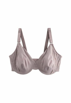 Licht mauve beha met kantdetails aan de zijkanten, gladde satijnachtige stof, onderbedieningsteun, verstelbare bandjes en een klassieke vorm.