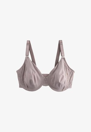 Světle mauve podprsenka s krajkovými detaily po stranách, hladký saténový materiál, podpůrný drát, nastavitelné ramínka a klasický střih.