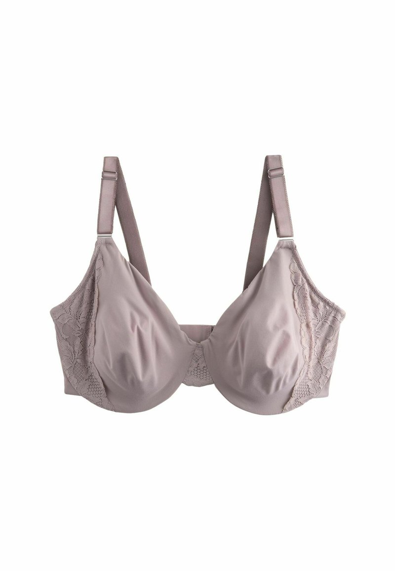 Heller mauve-BH mit Spitzenbesatz an den Seiten, glattes satinähnliches Gewebe, Bügelunterstützung, verstellbare Träger und eine klassische Form.