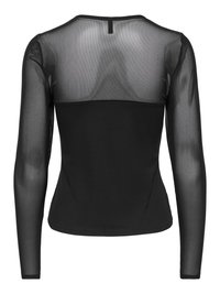 Svart langermet damegenser med transparent mesh på øvre rygg og ermer, heltrukken stoff på nedre rygg, og rund hals.