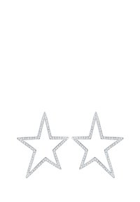 Silverfärgade stjärnformade örhängen med klara kristalldekorationer längs kanterna, som betonar en geometrisk design.