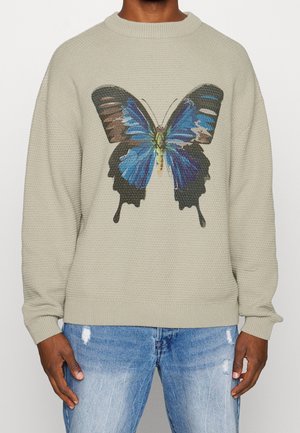 Mann trägt einen beigen Strickpullover mit einem großen blauen und schwarzen Schmetterlingsmotiv, kombiniert mit hellblauen, zerrissenen Jeans.