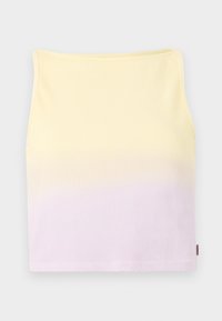 Mouwloze ribgebreide crop top met een kleurverloop van lichtgeel aan de bovenkant naar pastelpaars aan de onderkant.