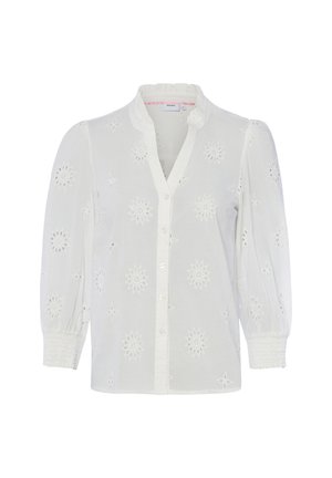 Witte blouse met lange mouwen met bloemrijke eyelet-patronen, gerimpelde kraag, knoopsluiting aan de voorkant en geplooide manchetten.