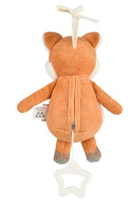 Orange plush fox with textured corduroy fabric, white accents, and a star-shaped gripping toy. Features stitched details and a hanging loop.