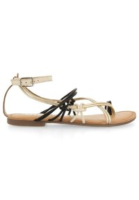 Plochá sandále s hnědou podrážkou, zlatým řemínkem kolem kotníku s přezkou a dekorativními černými a béžovými smyčkami přes nohu.