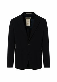 Dunkelblaues Blazer aus glattem Stoff, mit einem Ein-Knopf-Verschluss, mit notched Revers und zwei Fronttaschen.