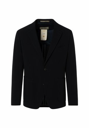 Blazer bleu marine foncé en tissu lisse, avec une fermeture à un bouton, des revers crantés et deux poches avant.