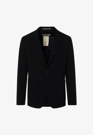 Dunkelblaues Blazer aus glattem Stoff, mit einem Ein-Knopf-Verschluss, mit notched Revers und zwei Fronttaschen.