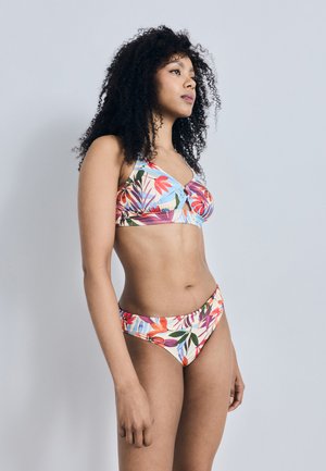 Florales Bikini-Set mit einem multicolor Print in Blau, Rot und Grün; weicher Stoff; verstellbare Träger; Low-Rise-Schnitt bei den Hosen.