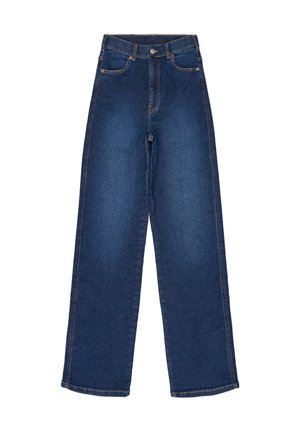 Hochtaillierte, weite blaue Jeans aus Denim mit glatter Textur, fünf Taschen, Kupferbeschlägen und kontrastierenden Nähten.