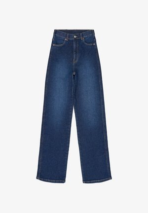 Džínové kalhoty s vysokým pasem, širokými nohavicemi, modré barvy, hladké textury, s pěti kapsami, měděnými detaily a kontrastním prošitím.