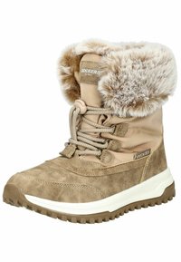 Botín sintético de invierno en color beige con forro de pelo sintético, detalles de ante texturizado y suela de goma resistente; cuenta con un cierre de cordones y un cuello acolchado.