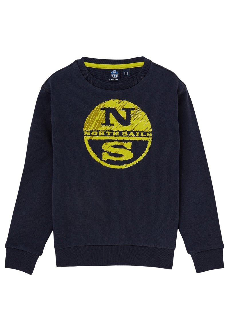 Námořnická modrá mikina vyrobená z bavlny, se žlutým kruhovým logem se slovy "NORTH SAILS" a "NS" uprostřed. Ribované manžety a lem.
