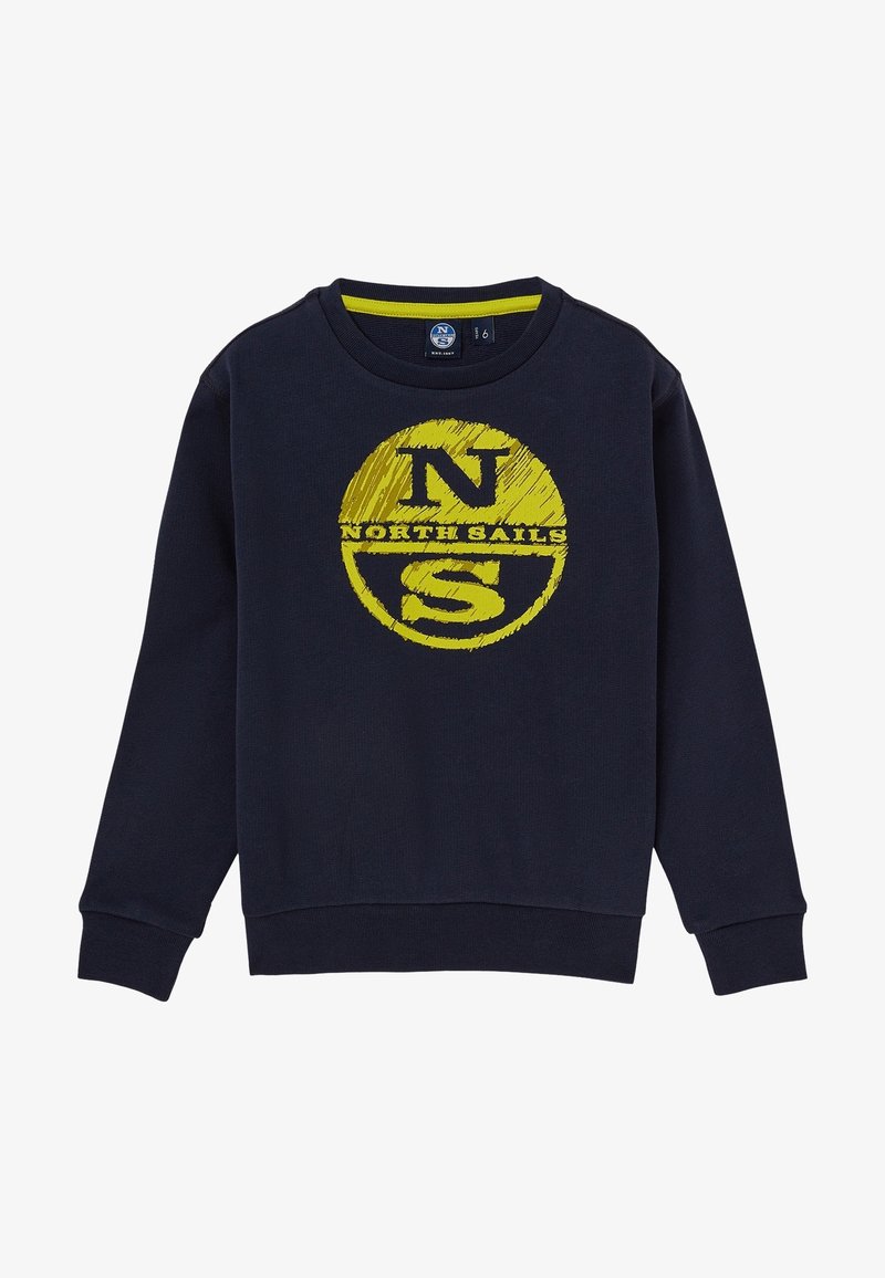 Námořnická modrá mikina vyrobená z bavlny, se žlutým kruhovým logem se slovy "NORTH SAILS" a "NS" uprostřed. Ribované manžety a lem.