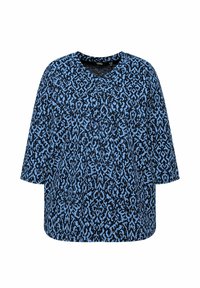 Lättångad topp i mörkblått tyg med ett livfullt blått abstrakt mönster, med V-ringning och ärmar i armbågs-längd.