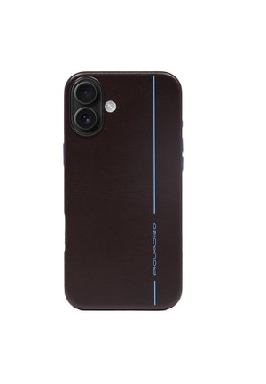 Funda de teléfono de cuero marrón oscuro con textura suave, que presenta cortes para la doble cámara, un acento blanco y una franja vertical azul clara.