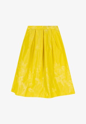 Gele geplooide rok met een bloemmotief, gemaakt van een glanzende stof. Halflang ontwerp met een tailleband voor een gestructureerde pasvorm.
