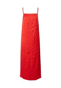 Rode mouwloze maxi-jurk met een textuurpatroon en rechte snit, voorzien van dunne schouderbandjes en een vloeiende silhoeët.