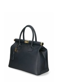 Borsa a mano in pelle blu scuro con design strutturato, hardware in tono oro, doppi manici e un dettaglio con lucchetto frontale.