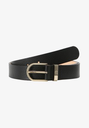 Ceinture en cuir noir avec une surface texturée, dotée d'une boucle en métal doré et d'un logo gravé sur le côté de la boucle.