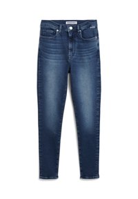 Jean slim bleu foncé avec devant délavé, fermeture par boutons et design à cinq poches, posé à plat sur fond blanc.