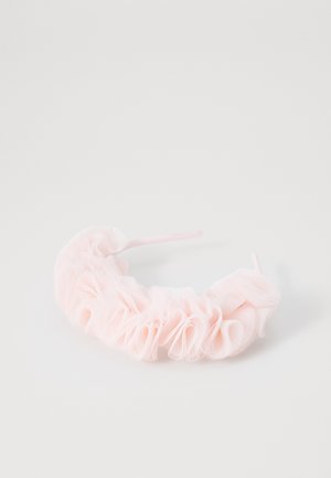 Pink fabric headband with ruffled tulle design, flexible shape, and smooth texture. Features a lightweight construction for comfort.