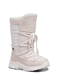 Winterstiefel mit einem beigen Kunstfell-Obermaterial, einem weißen gepolsterten Schaft und weißen Schnürsenkeln; ausgestattet mit einer Gummisohle und weicher Textur.