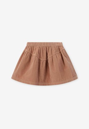 Brown corduroy skirt with elastic waistband and gathered seams, flared silhouette on white background.