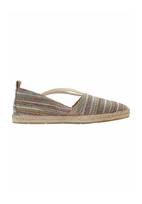 Multifarvet espadrille med vævet tekstiloverdel, krydsede elastiske stropper og en sål indpakket i jute. Har en flad, rund tå.