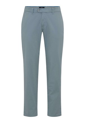 Light blue slim-fit men's trousers with button and zipper closure, belt loops, and front pockets.