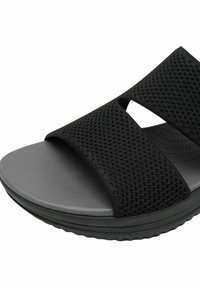 Black sandal featuring mesh upper with two wide straps, foam sole, and patterned textured footbed. Lightweight design suitable for casual wear.