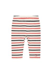 Gestreepte legging in ribbelstof, met afwisselend zwarte, koraal en roomkleurige strepen, een golvende zoom en een klein dierenlogo aan de onderzijde.