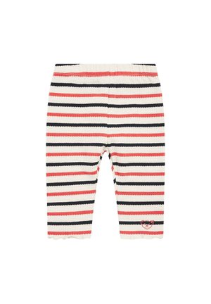 Leggings de rayas en tela acanalada, con franjas alternas de negro, coral y crema, con un dobladillo con forma de ondas y un pequeño logo de animal en el lado inferior.