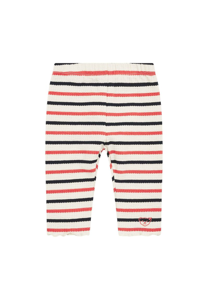 Gestreepte legging in ribbelstof, met afwisselend zwarte, koraal en roomkleurige strepen, een golvende zoom en een klein dierenlogo aan de onderzijde.