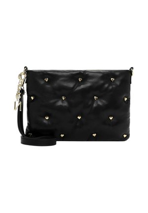Borsa a tracolla nera in pelle con design trapuntato, decorata con borchie a forma di cuore dorate. Presenta una tracolla removibile e una chiusura con zip.