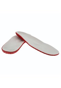 Red and gray insoles with a smooth surface and perforated edges, designed for comfort and support inside footwear.