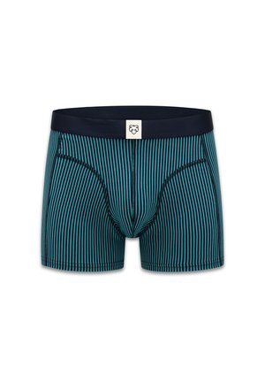 Muške bokserice s okomitim prugama u teal i tamnoplavoj boji, tamnoplavi pojas i mali bijeli logotip na sredini sprijeda.