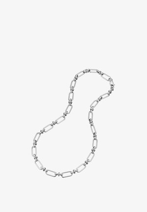 Zilveren ketting met onderling verbonden rechthoekige en ovale schakels. Gepolijste afwerking met subtiele variaties in de grootte van de schakels. Veilige sluiting.