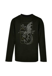 Cămașă neagră cu mânecă lungă, având un design grafic alb și auriu cu un dragon, munți și nori, adăugând detalii și textură intricate.
