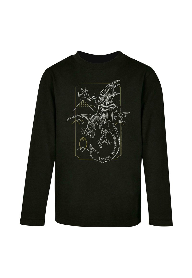 Cămașă neagră cu mânecă lungă, având un design grafic alb și auriu cu un dragon, munți și nori, adăugând detalii și textură intricate.