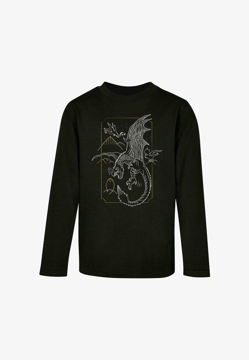 Schwarzes Langarmshirt mit einem weißen und goldenen Drachen-Graphic-Design, das Berge und Wolken zeigt, und mit komplizierten Details und Texturen verziert ist.