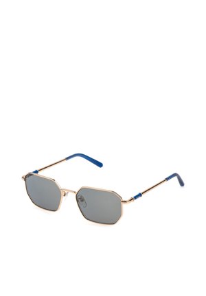 Lunettes de soleil hexagonales à verres gris avec fines montures métalliques dorées et extrémités de branches bleues, montrées légèrement de biais sur fond blanc.