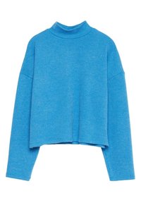 Maglione a collo alto blu a coste con maniche lunghe, taglio cropped e tessuto testurizzato. I dettagli delle cuciture aggiungono profondità.