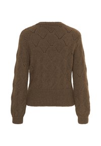 Pull en maille marron à manches longues, trous à motif losange, poignets et ceinture côtelés, vu de dos sur fond blanc.
