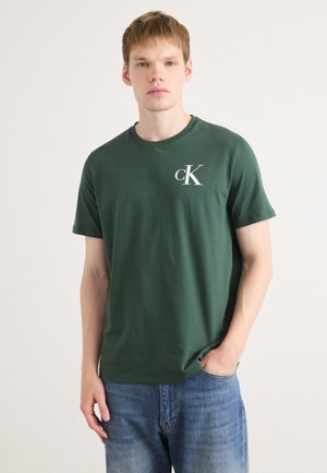 Žalias medvilninis T-palaidinukas su trumpomis rankovėmis ir apvaliu kaklu. Ant kairiojo krūtinės puikuojasi baltas "CK" logotipas. Dėvimas su mėlynomis džinsomis.
