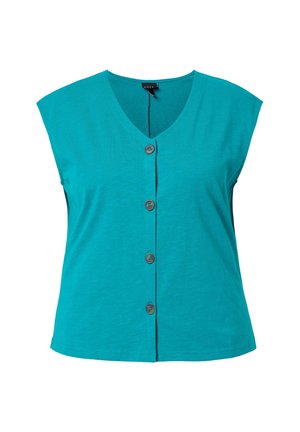 Türkisfarbenes ärmelloses Top mit V-Ausschnitt, vier Knöpfen vorne und lockerer Passform aus leichtem Stoff.