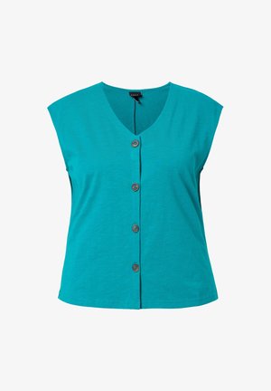 Türkisfarbenes ärmelloses Top mit V-Ausschnitt, vier Knöpfen vorne und lockerer Passform aus leichtem Stoff.